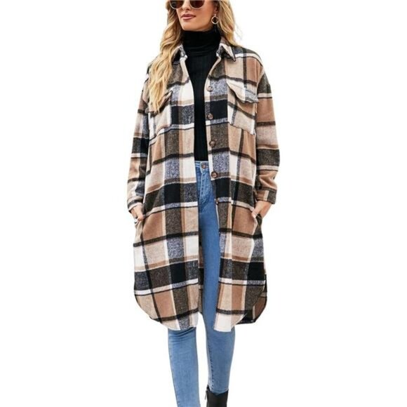 Brown & Black Plaid Print Button Down Long Midi Trench Flannel Jacket Shacket‎ - Picture 6 of 7